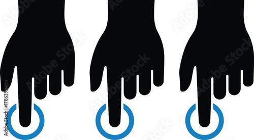 Hands pressing multiple digital buttons, user interface interaction concept