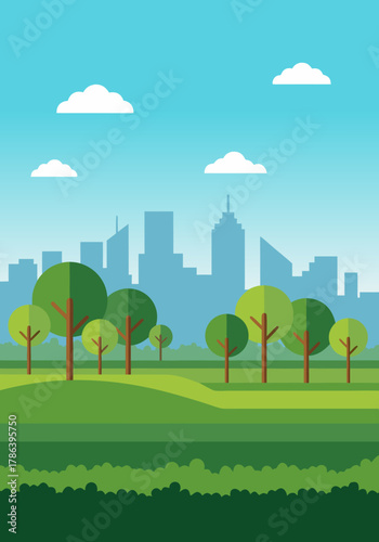 Vibrant city park landscape with lush green grass, trees, and a distant skyline under a clear blue sky with fluffy clouds, representing urban nature and tranquility