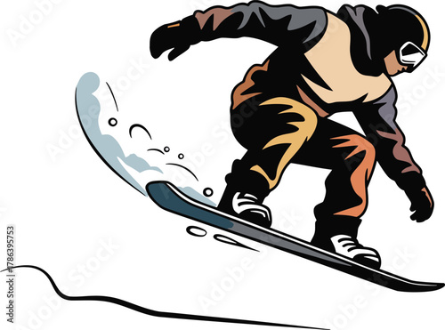 Snowboarder jumping off snow ramp performing winter sport trick illustration in vector style