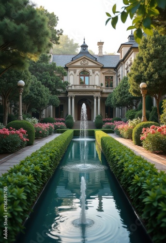 Opulent Mansion Grand Oasis with Intricate Floral Arrangement and Pristine Grounds