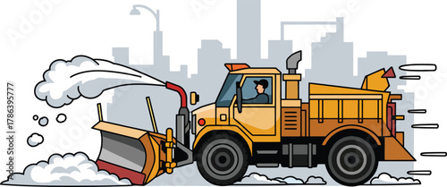Snowplow truck clearing road during blizzard driver working in city winter weather conditions