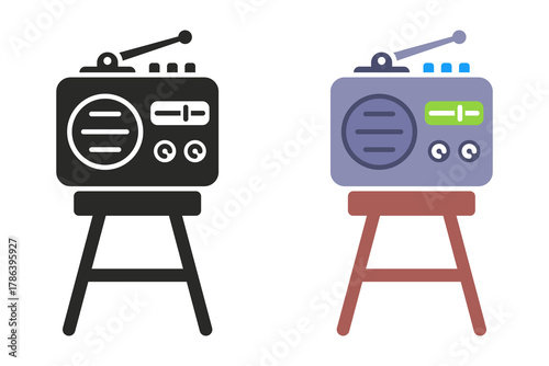 A portable radio stands on a chair. Flat illustration.