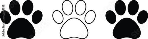 Paw print icon set: solid black and outline versions, animal footprint symbol