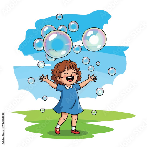 Joyful little girl gleefully chasing bubbles in a bright meadow, a carefree story book character of happiness.