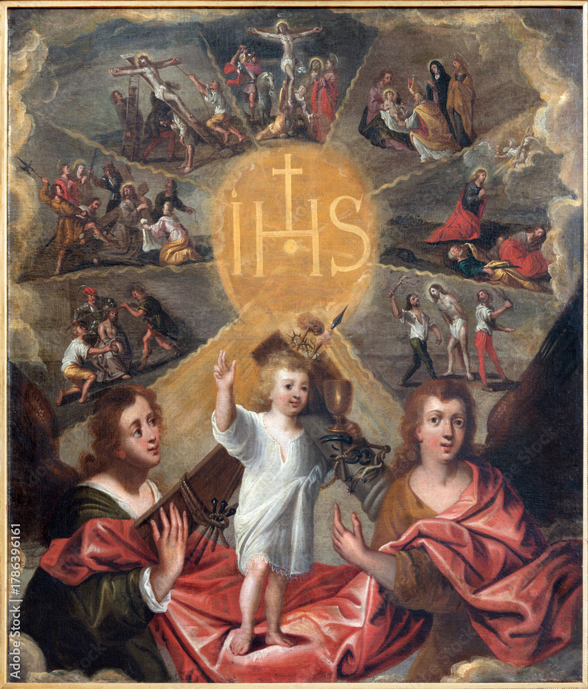 Naklejka premium SALZBURG, AUSTRIA - SEPTEMBER 6, 2025: The baroque painting of Jesus child with the instruments of crucifixion in the chruch Loretokirche by unknown artist of 18. cent.