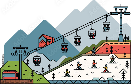 Winter mountain ski resort illustration with cable cars skiers slope recreation activity vacation landscape artwork
