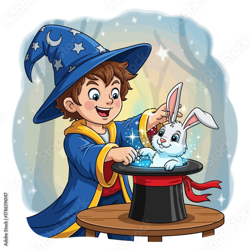 Young magician pulling a fluffy rabbit from a hat, a magical story book character surrounded by wonder.
