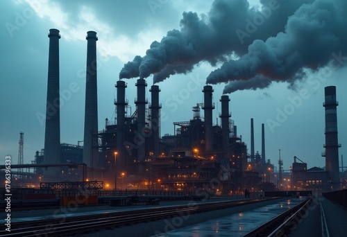 Steel Factory Chimneys Billowing Smoke Industrial Atmosphere Machineries Heavy Duty Equipment Production