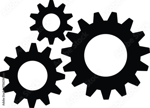Black interlocking gears symbol on white, representing mechanism and process.