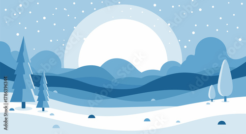 Flat Design Winter Landscape Illustration with Snow-Covered Hills, Pine Trees, and a Large Sun Against a Blue Sky with Falling Snowflakes