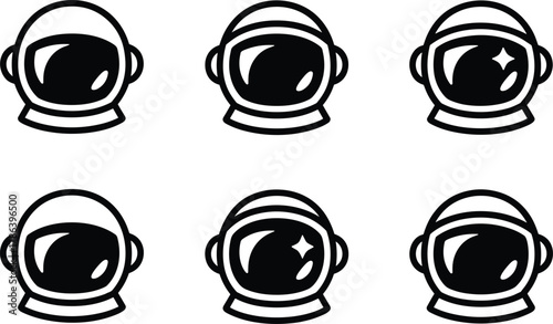 Minimalist astronaut helmet icons collection, space exploration symbols set.