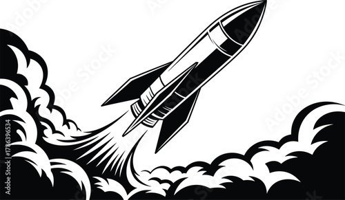 Bold monochrome graphic of a vintage rocket launching with smoke trail
