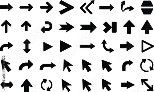 Black vector arrow icons set: navigation, direction, pointers, and controls