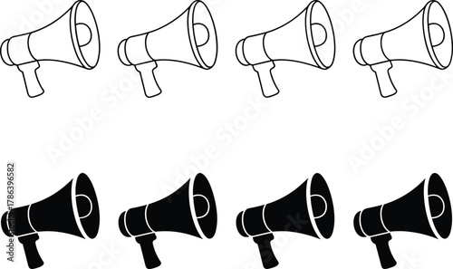 Megaphone icon set in outline and solid black styles for public announcements
