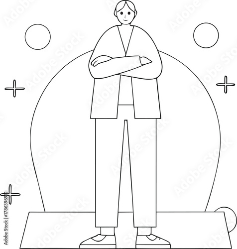 illustration of female character sitting on stool with hand raised in refusal
