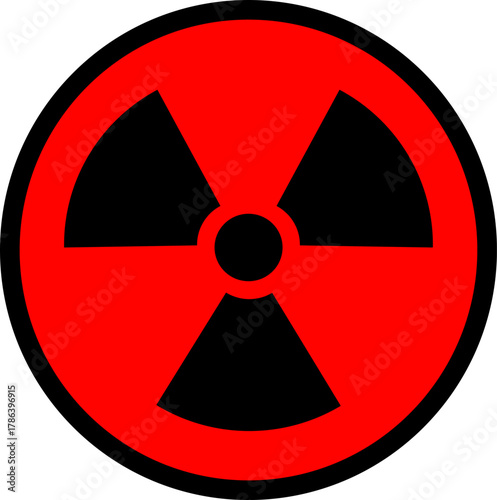 Black and red radioactive hazard sign, circular format, radiation risk indicator, hazardous materials concept, chemical hazard and scientific research