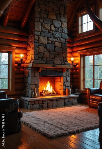 Warm Log Cabin Hearth with Stone Chimney Fireplace Cozy Retreat in a Calm Setting