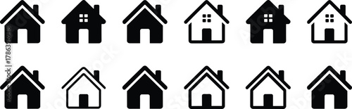 Set of home and house icons in various styles, black symbols on white background