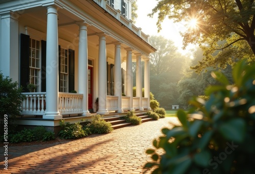 White Pillared Porch Colonial Mansion Intricate Facade Lush Green Surroundings Classic Charm
