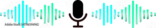 Stylized microphone icon with vibrant blue and green sound wave visualization, voice recognition concept, audio technology and digital recording; ideal for podcasting, communication 