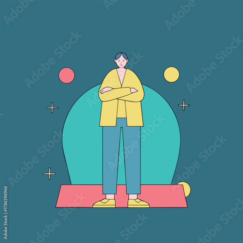 illustration of female character sitting on stool with hand raised in refusal