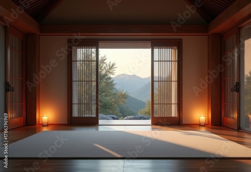 Zen Meditation Space Serenity Sliding Doors Hidden Retreat Tranquil Atmosphere Soft Tones