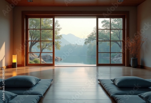 Zen Meditation Temple with Sliding Doors: Peaceful Sanctuary for Mindfulness and Reflection