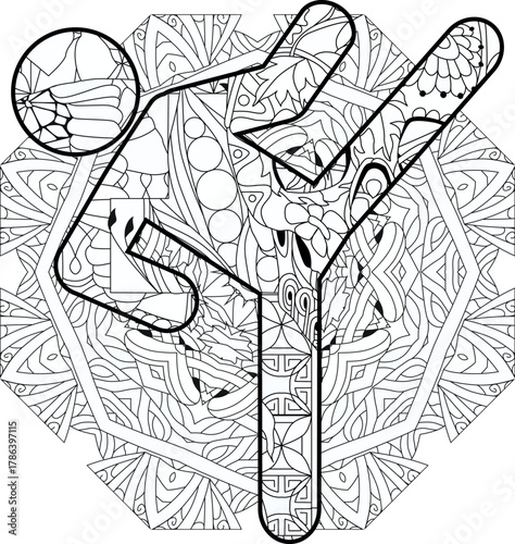 Icon TAEKWONDO on mandala in the style of abstract hand drawing for coloring.