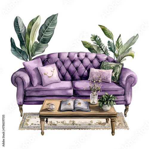Watercolor Purple Velvet Chesterfield Sofa with Tropical Plants Vector Clipart
