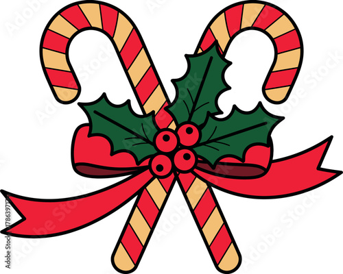 Two candy canes are crossed and adorned with a holly sprig and a red ribbon.