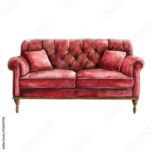 Watercolor Red Velvet Chesterfield Sofa Vector Clipart
