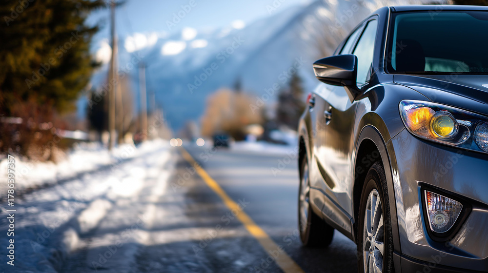 Fototapeta premium Snowy country road with car on winter day faceless vehicle on rural route defocused snow covered landscape background winter travel scene seasonal driving conditions space for
