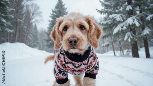 A cute puppy in a sweater stands on a snowboard in the snow. Funny cocker spaniel dog dressed for cold winter weather in a forest. Adorable pet portrait with a slow zoom