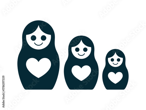 Three nesting dolls with hearts are displayed on a white background.
