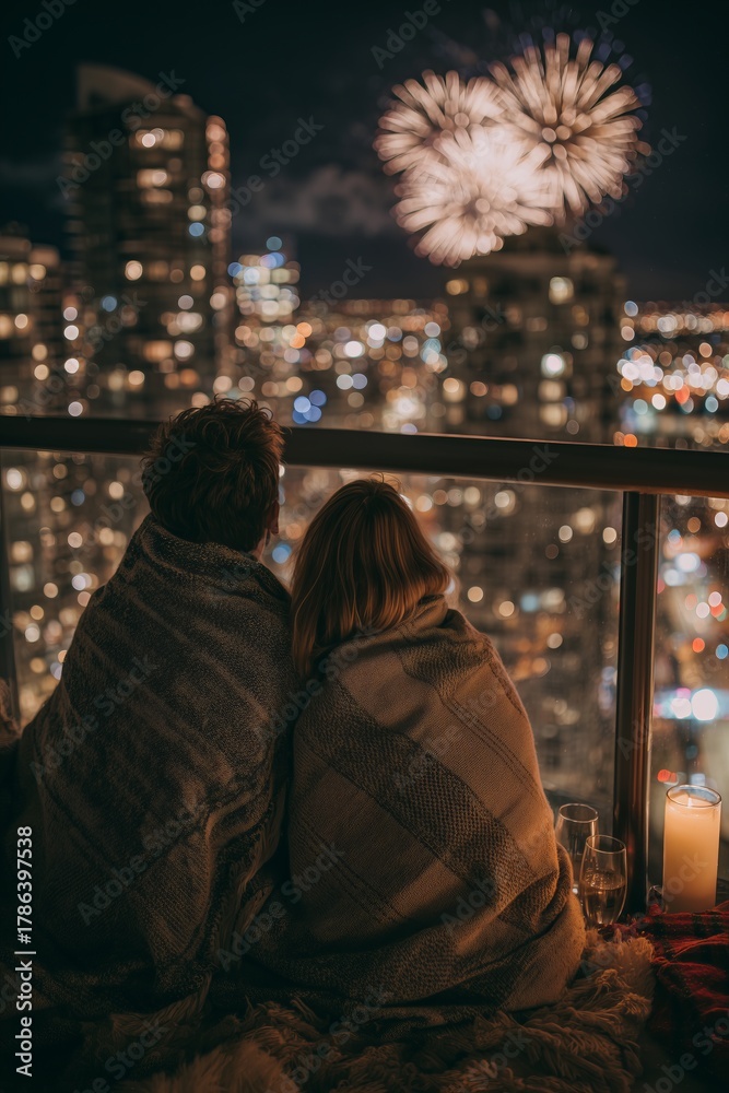 Fototapeta premium Couple wrapped in shared blanket on balcony hold champagne glasses watching fireworks burst over city skyline. Magical New Year's midnight toast, romantic celebration vibe.