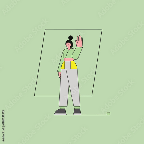 illustration of female character sitting on stool with hand raised in refusal