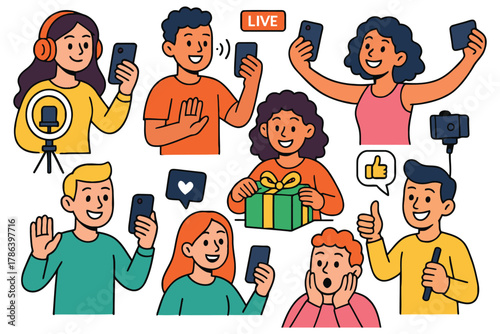 Diverse group of young people creating online content with smartphones and equipment