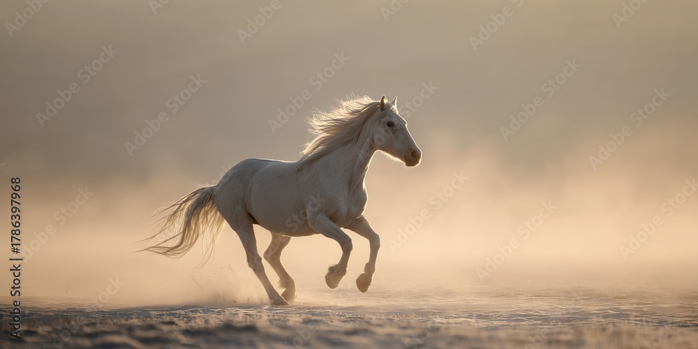 Fototapeta premium White horse galloping through snowy field at golden winter sunrise with flowing mane and misty frost. Majestic freedom run, inspiring cold season dawn vibe full of power and serenity.