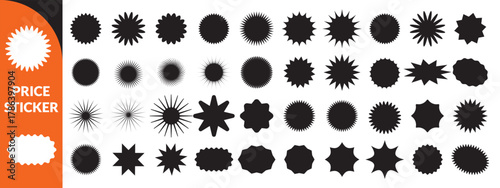 Set of price sticker, sale or discount sticker, sunburst badges icon. Zig zag wavy edge rectangle, oval, circle stickers set. Vector illustration big set design 