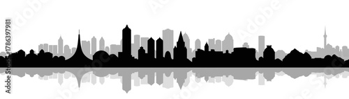 Tehran skyline silhouette with reflection on white background