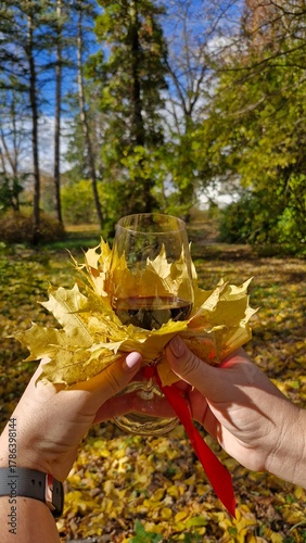 Close-up of a woman holding a glass with both hands, surrounded by yellow autumn leaves and tied with a red ribbon, in Sofiyivka Park, Uman, Ukraine. Vertical mobile photo.