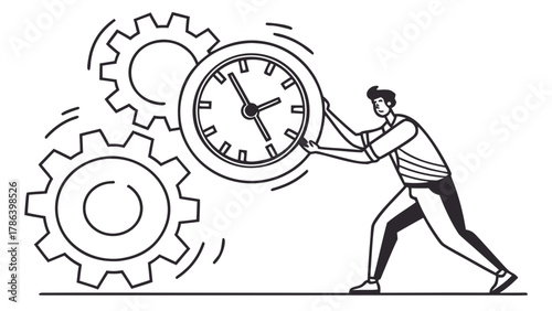 Man pushing a large clock with gears, suggesting time management or productivity.