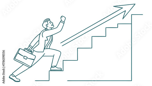 A businessman enthusiastically climbs stairs towards an upward-pointing arrow, symbolizing success.