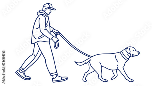 A person walking a dog on a leash, enjoying a stroll outdoors.