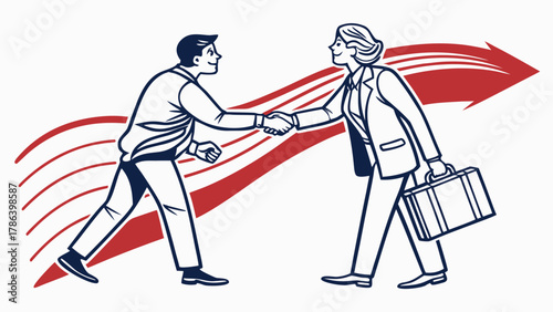 Two business people shaking hands with a red arrow graphic behind them.