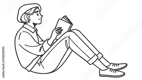 A young person sits reading a book, wearing a beret and casual clothes, looking off to the side.
