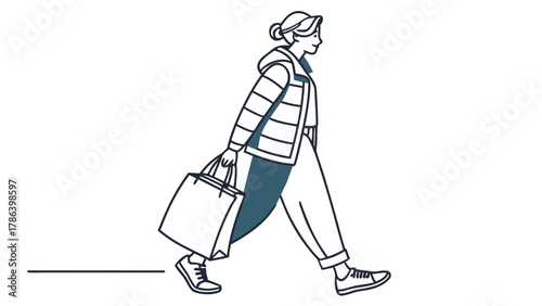 Woman walking with a shopping bag, wearing a vest and casual clothes, depicted in a minimalist line drawing.
