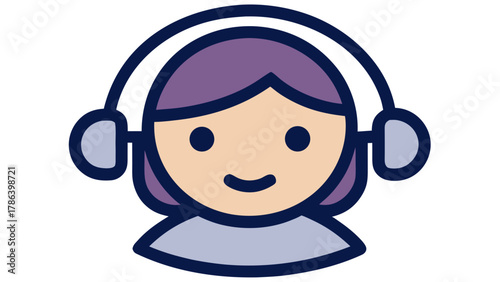 Cartoon illustration of a person wearing headphones, smiling, with purple hair.