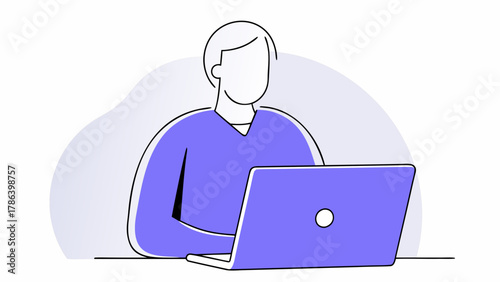Faceless person sitting at a laptop, working or browsing, in a simple, modern, illustrative style.