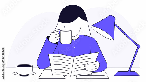 Woman reading a newspaper while drinking coffee at a desk with a lamp.